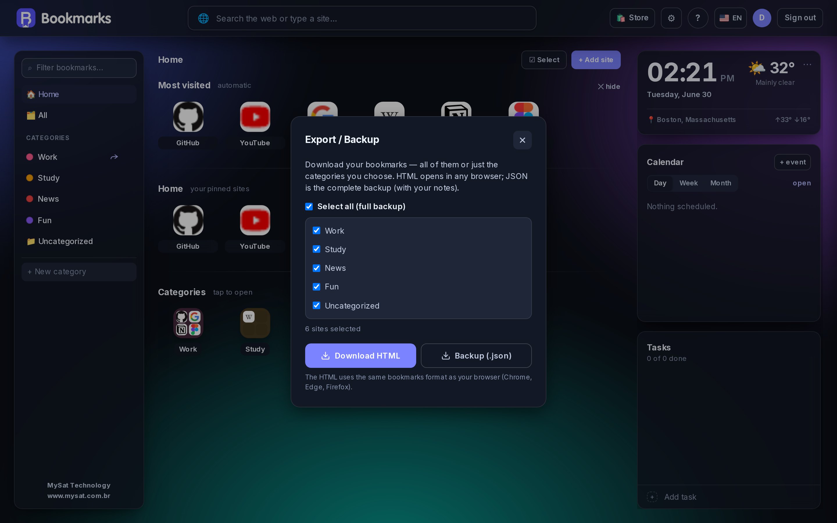 Export dialog with category selection and HTML and backup buttons