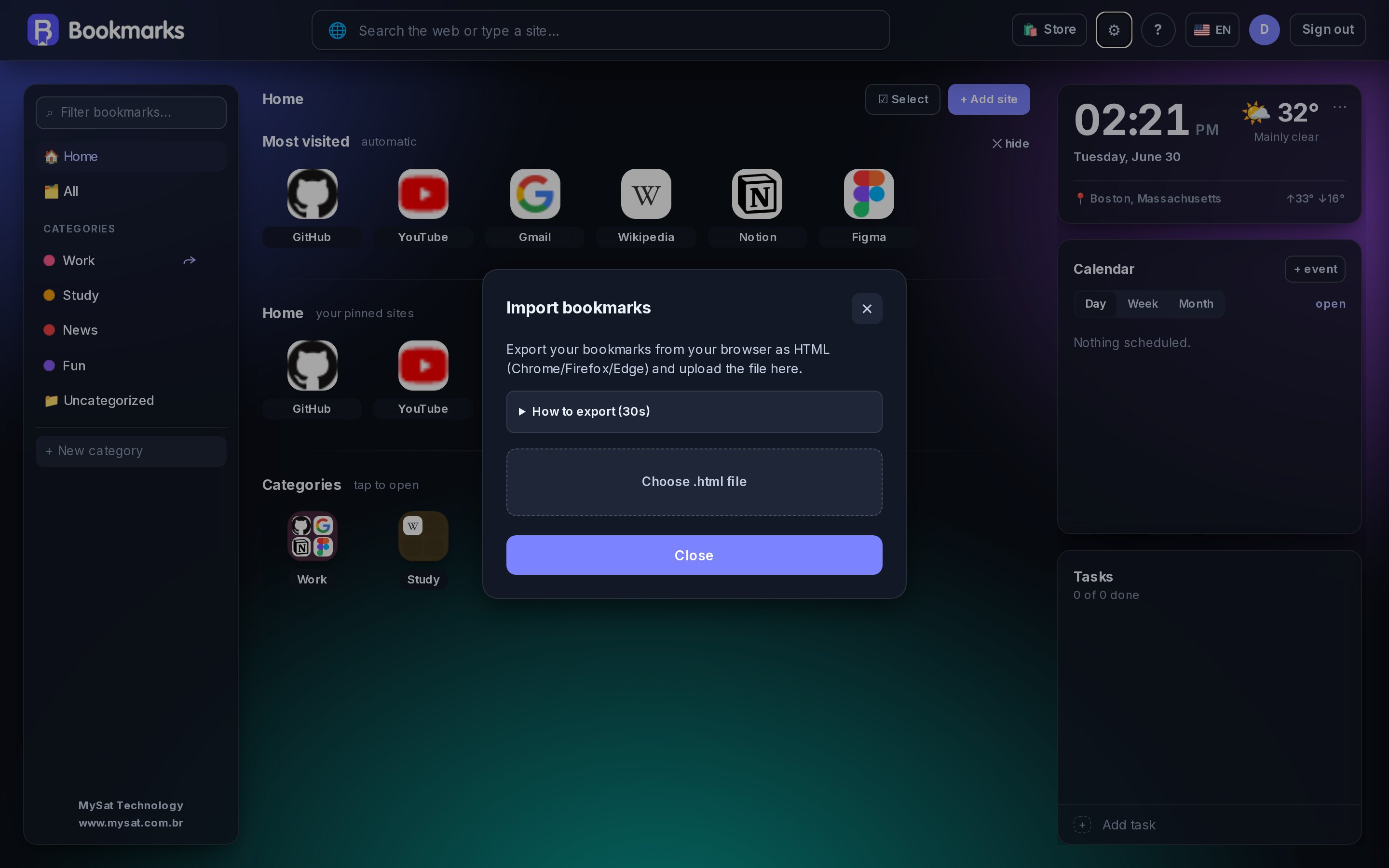 Browser bookmarks import window