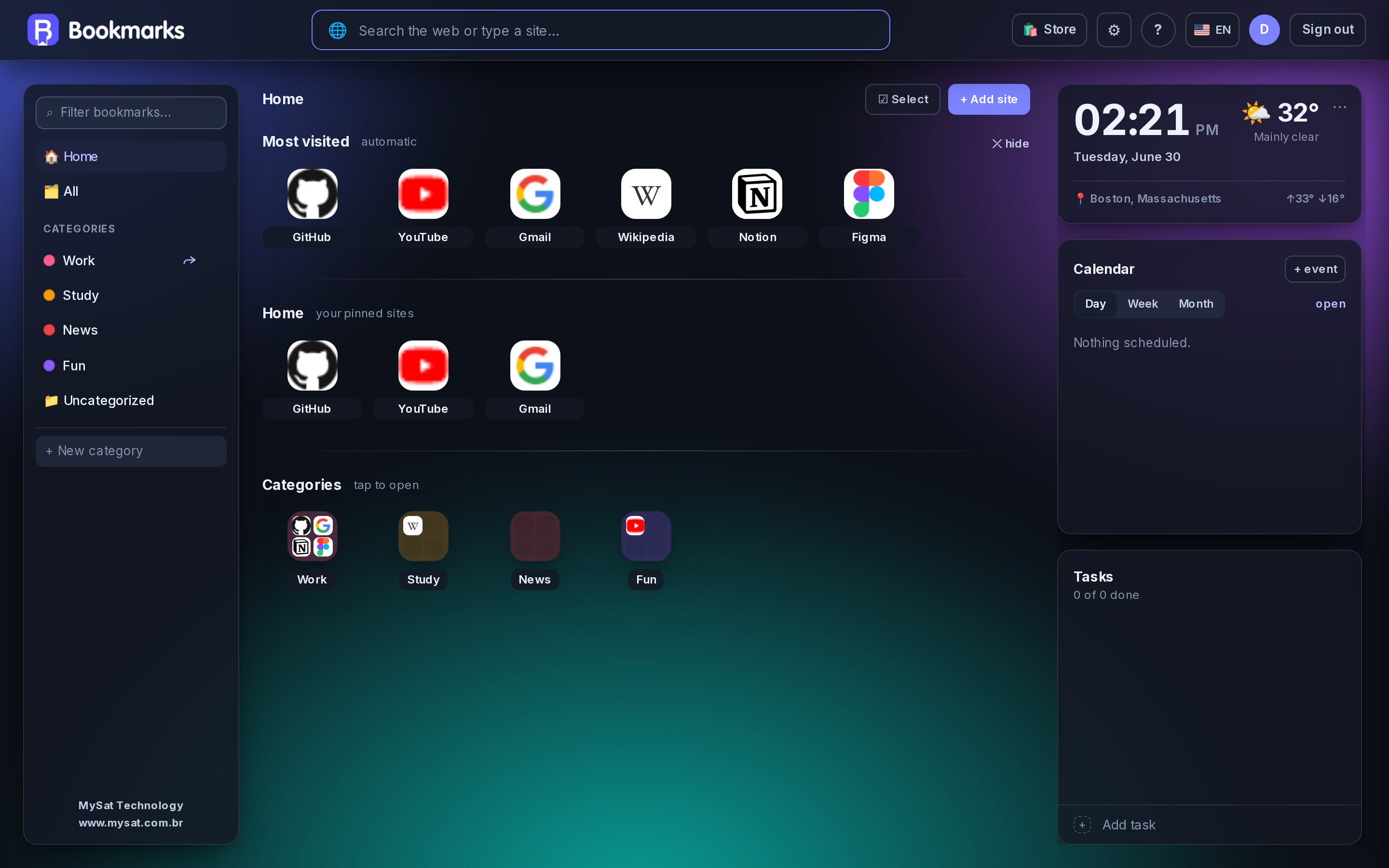 Bookmarks on desktop: catalog with favicons, calendar, and tasks on a single screen