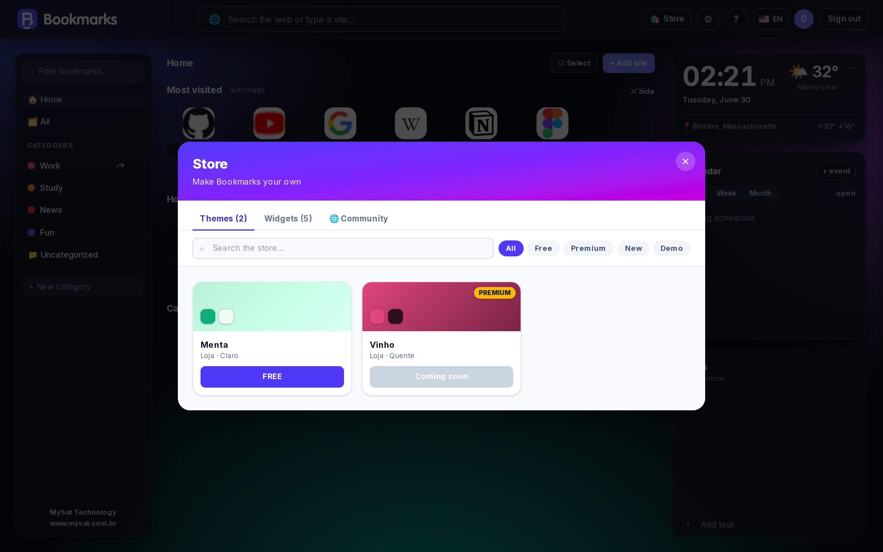 Bookmarks on desktop: catalog with favicons, calendar, and tasks on a single screen