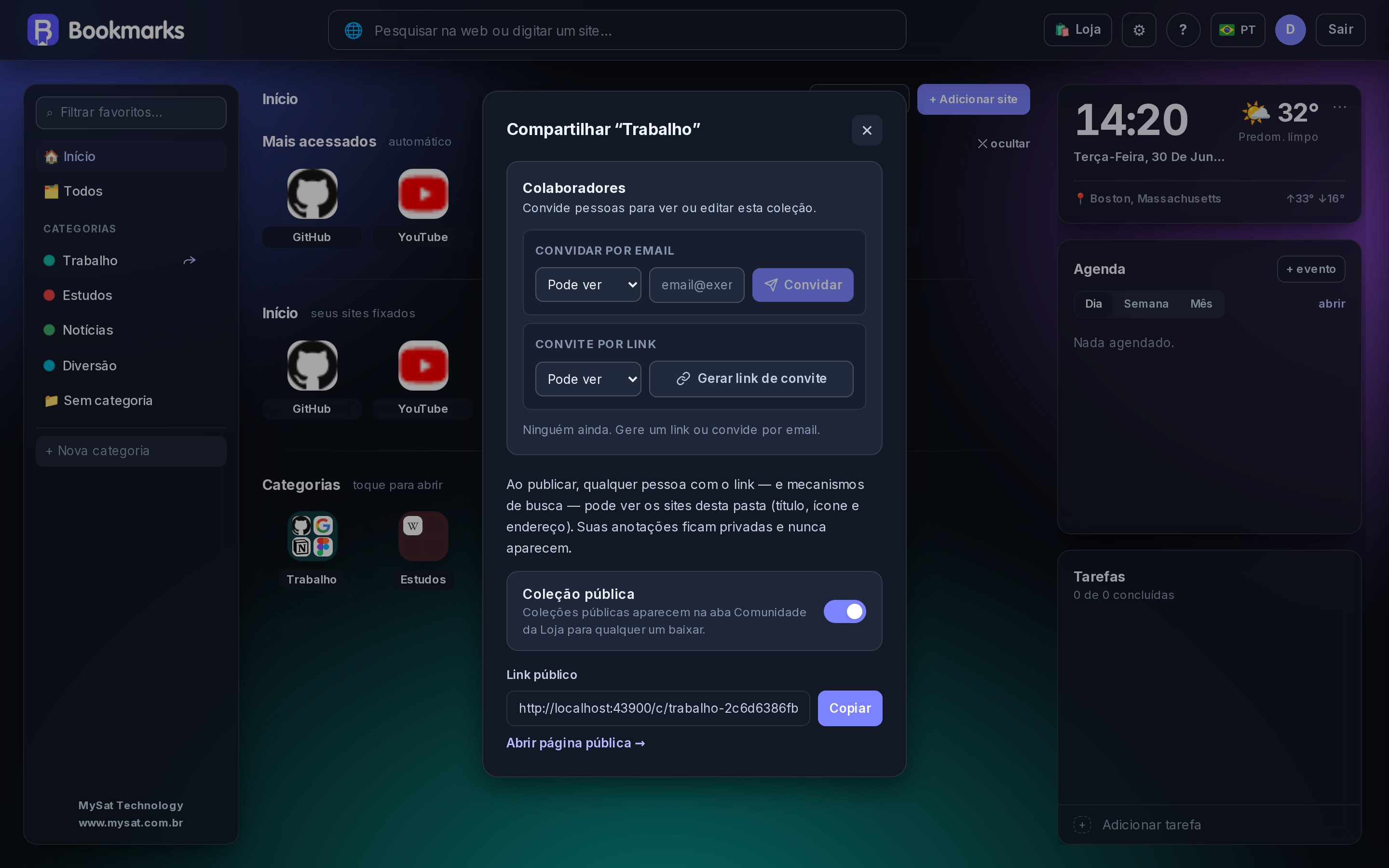 Painel de compartilhamento com seções de convite por e-mail e por link