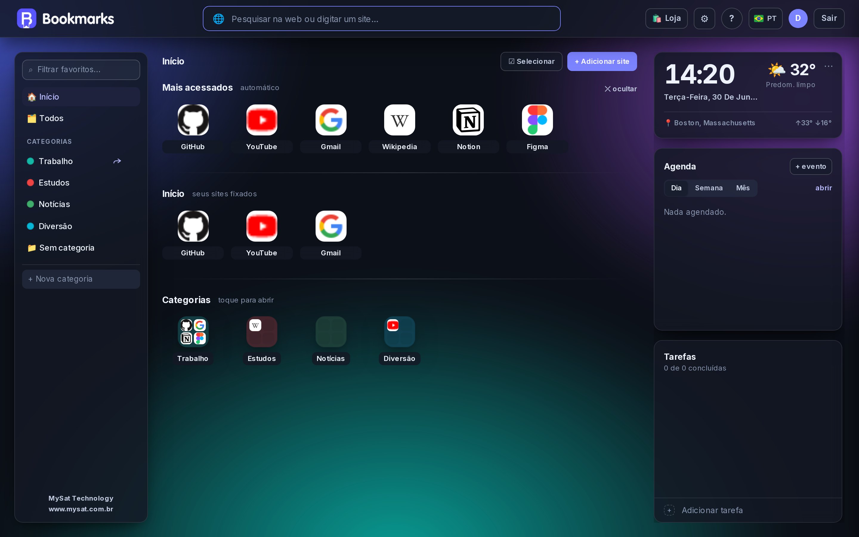 Tela inicial do Bookmarks com a barra de busca, menu lateral de categorias, sites e o painel do dia