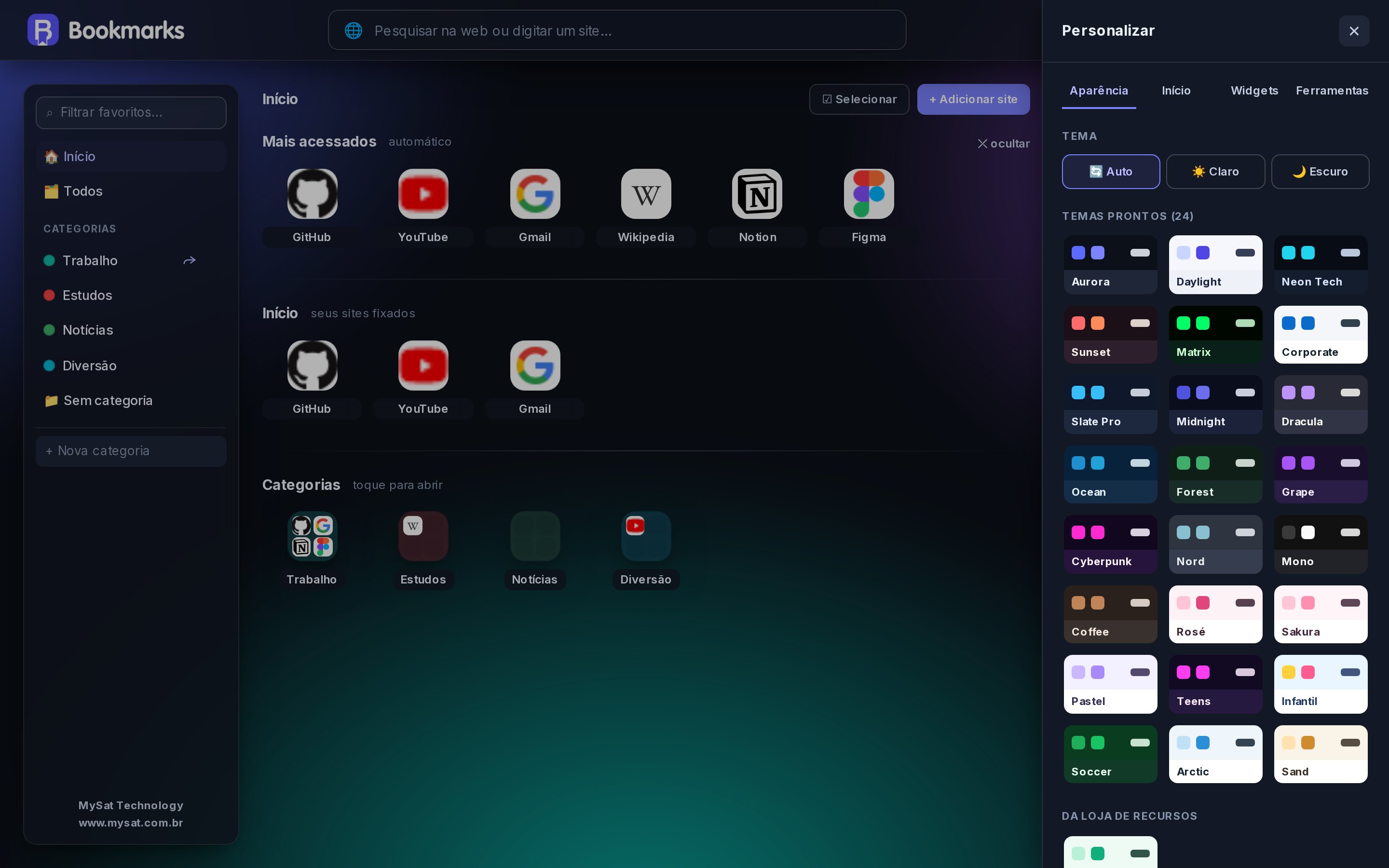 Painel de personalização com temas, planos de fundo e tamanho dos ícones